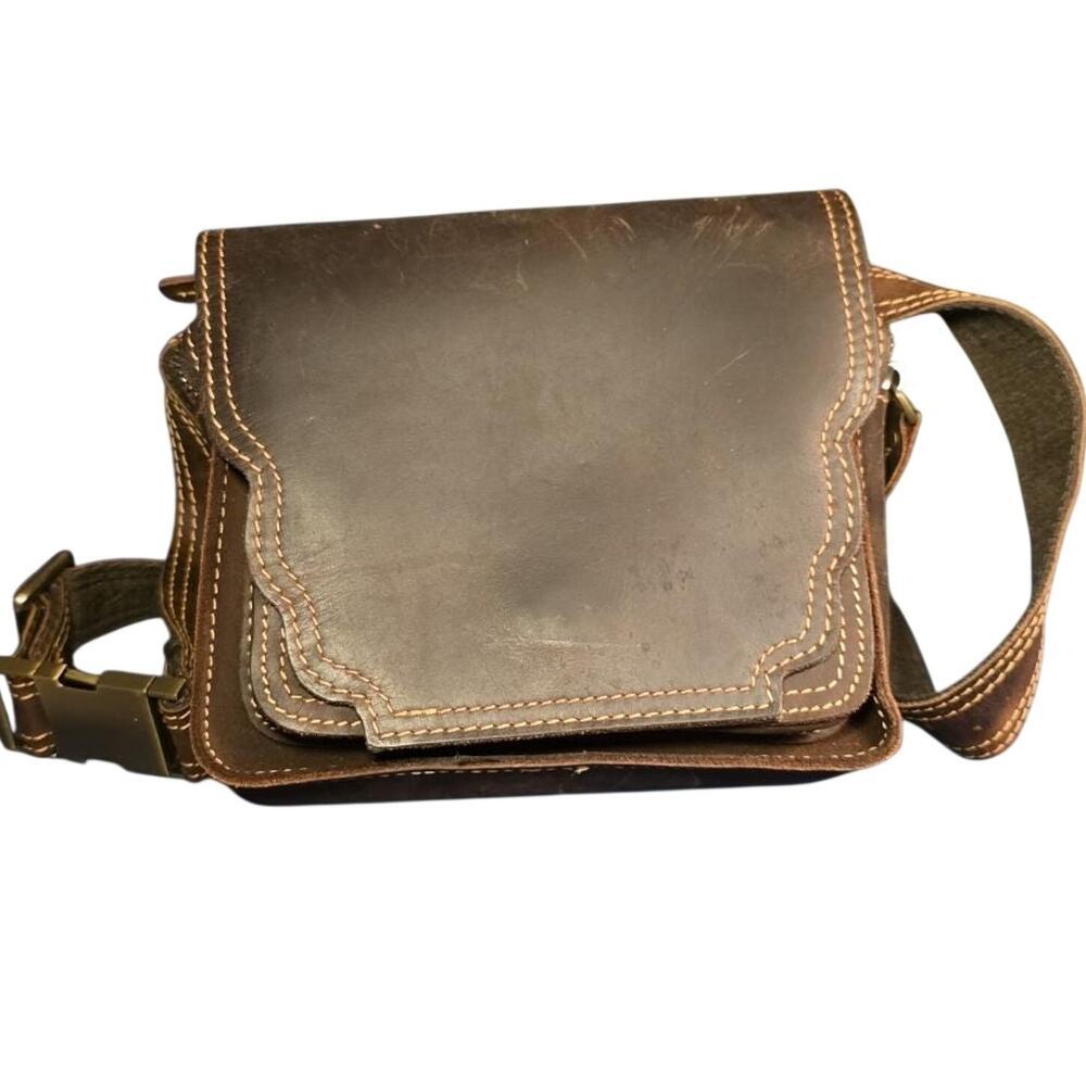 Vintage TIDING Rugged Leather Waist Bag Saddlebag Style Crossbody Brown